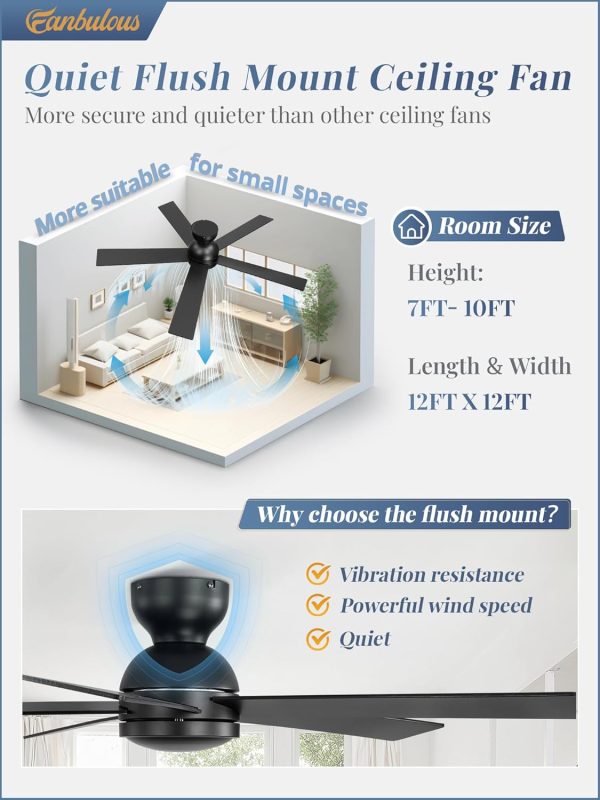 2 Pack 48 Inch Low Profile Ceiling Fan no Light, Black Ceiling Fan without lights, 6-Speeds, Quiet Reversible DC Motor, Indoor/Outdoor Ceiling Fans without Lights for Patio, Living Room, Bedroom