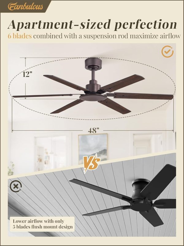 Ceiling Fan No Light, 48 Inch Indoor/Outdoor 6 Blades Ceiling Fan with Remote, 6-Speeds, Quiet Reversible DC Motor, Fans Without Light for Tilted Ceiling/Bedroom/Living Room/Patios