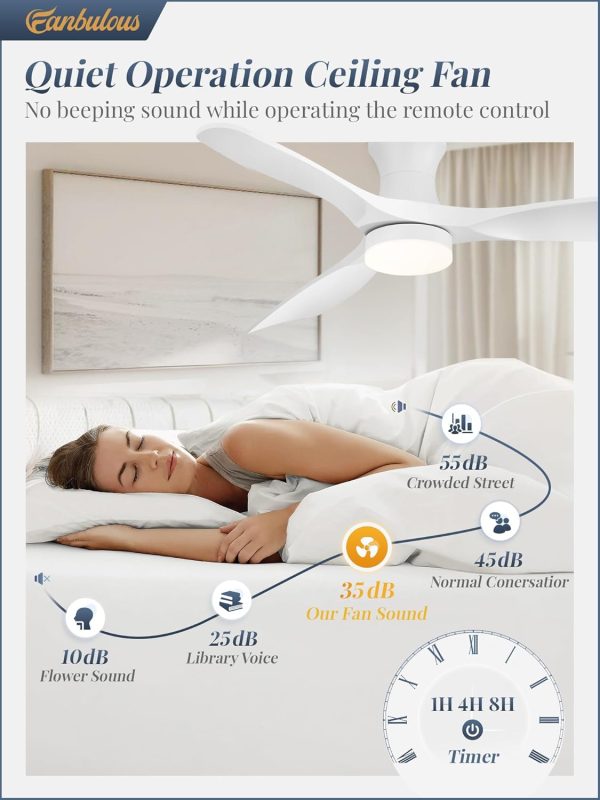 52 Inch Ceiling Fans with Lights and Remote, 3 Blades Flush Mount Low Profile Ceiling fan, Efficient 3475 CFM, Safe ABS, Timer, Quiet 35dB, 3CCT, Reversible for Bedroom Living Room, White