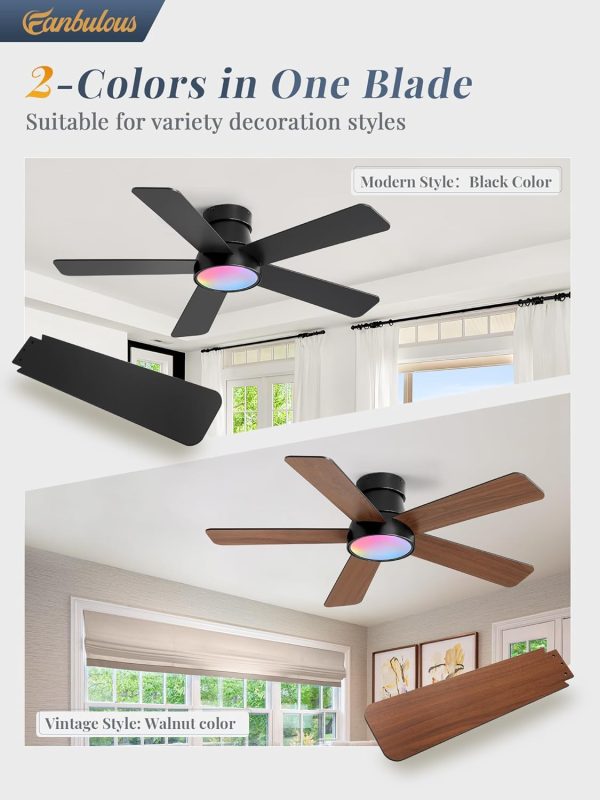 42 Inch Ceiling Fans with Lights and Remote,Outdoor Indoor Modern Flush Mount Ceiling Fan with 3CCT 6-Speed Quiet DC Motor,Small Low Profile Ceiling Fan for Bedroom Living Room OfficeBlack RGB