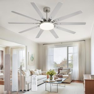 65 inch Large Brushed Nickel Modern Ceiling Fans with Lights and Remote, Indoor/Outdoor Ceiling Fan with 10 Blades, 32W LED light 3 CCT, 6 Speed Reversible Quiet DC Motor, Dual Finish Blades