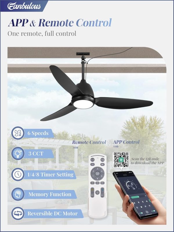 42 In Outdoor Ceiling Fan with Light, Plug-in Ceiling Fans with Waterproof IP65, Smart APP Remote Control, 6-Speed DC Motor, Dimmable 3CCT, Hanging Fans with Cord for Gazebo Patio Porch (Black)