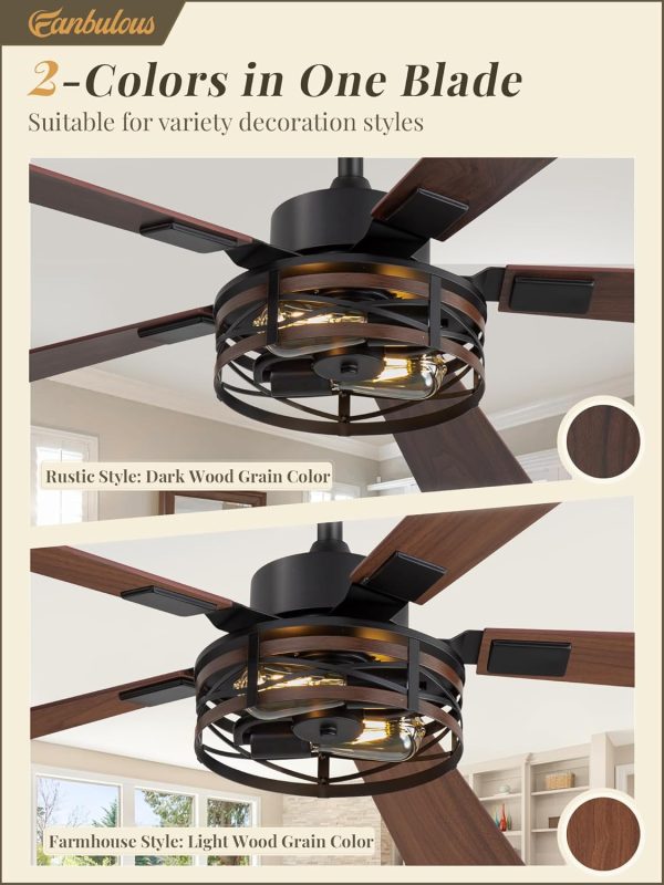 Farmhouse Ceiling Fans with Light, 60 Inch Bedroom Ceiling Fan with Lights, 6-Speed Adjustable, Quiet and Reversible DC Motor, Dual Finish 5 Blades, Rustic Caged Black Ceiling Fan for Living Room