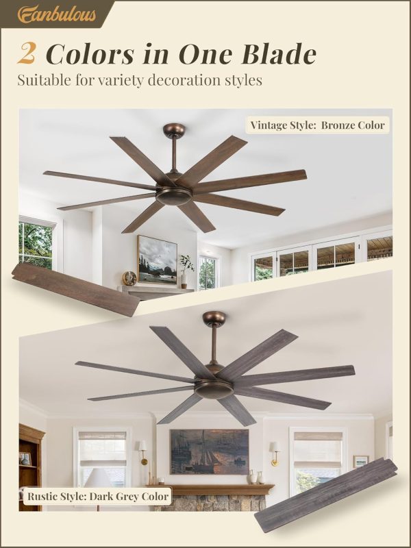 65 Inch Ceiling Fans No Light with Remote, Bronze Indoor/Outdoor Ceiling Fan Without Light with Quiet Reversible DC Motor, 6 Speeds, 8 Blades Large Ceiling Fan for Living Room Bedroom Patio