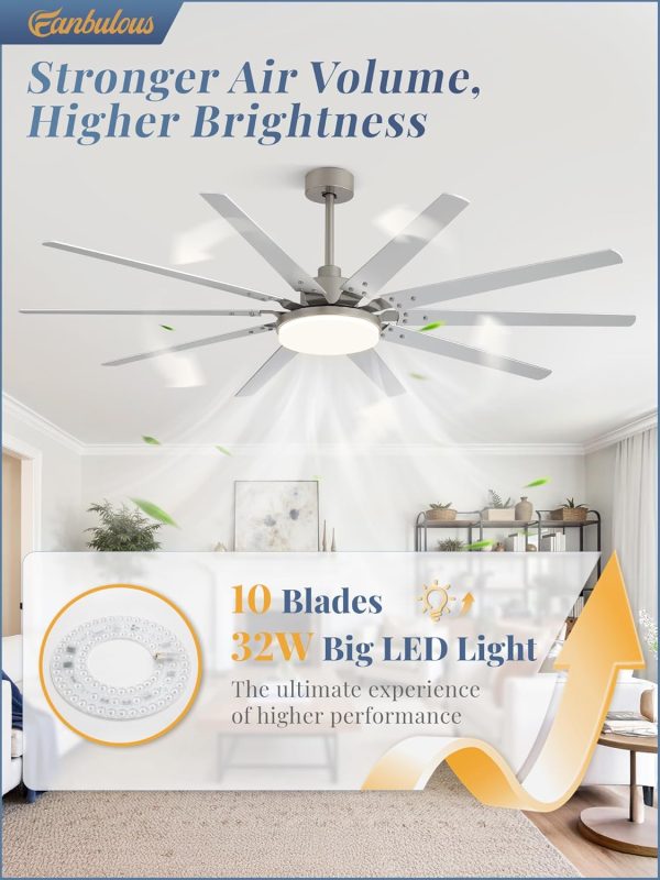 72 inch Large Brushed Nickel Modern Ceiling Fans with Lights and Remote, Indoor/Outdoor Ceiling Fan with 10 Blades, 32W LED light 3 CCT, 6 Speed Reversible Quiet DC Motor, Dual Finish Blades