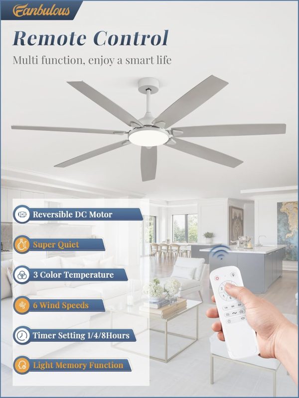 72 Inch Large Ceiling Fans with Lights, Grey Modern Ceiling Fan with Quiet DC Motor, 3CCT, Indoor/Outdoor Ceiling Fan with Dual Finish Reversible 7 Blades, Timer for Living Room, Patio