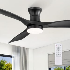 52 Inch Ceiling Fans with Lights and Remote, 3 Blades Flush Mount Low Profile Ceiling fan, Efficient 3475 CFM, Safe ABS, Timer, Quiet 35dB, 3CCT, Reversible for Bedroom Living Room, Black