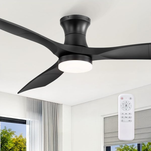 52 Inch Ceiling Fans with Lights and Remote, 3 Blades Flush Mount Low Profile Ceiling fan, Efficient 3475 CFM, Safe ABS, Timer, Quiet 35dB, 3CCT, Reversible for Bedroom Living Room, Black