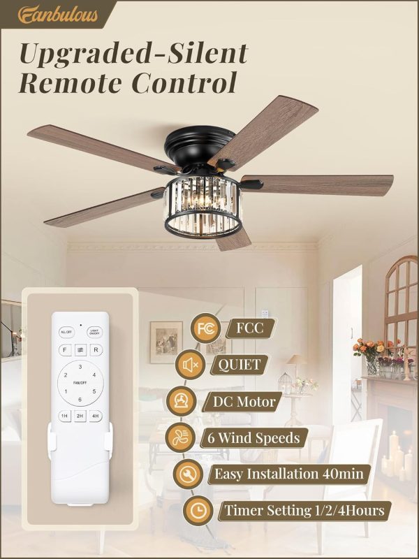 56 Inch Farmhouse Chandelier Ceiling Fan with Remote Control, Black Indoor Crystal Ceiling Fan with 6-Speeds, Quiet Reversible DC Motor, Flush Mount Ceiling Fans with Lights for Bedroom, Living Room