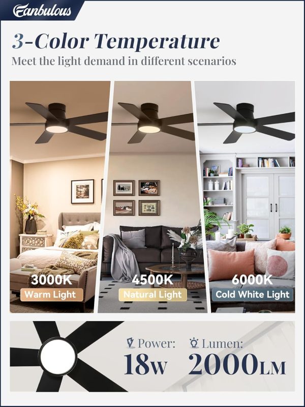 42 Inch Modern Low Profile Ceiling Fan and 72 Inch Large Ceiling Fans with Lights, 3CCT, 6-Speeds, Quiet DC Motor, Black Modern Ceiling Fan for Bedroom Living Room Kitchen Patio