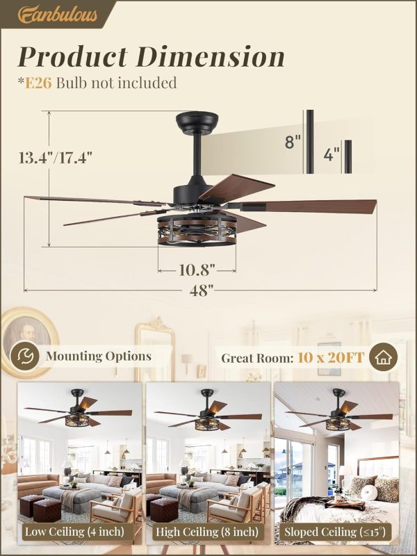 Farmhouse Ceiling Fans with Light, 48 Inch Bedroom Ceiling Fan with Lights, 6-Speed Adjustable, Quiet and Reversible DC Motor, Dual Finish 5 Blades, Rustic Caged Ceiling Fan for Living Room