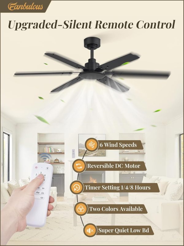 Ceiling Fan No Light, 48 Inch Indoor/Outdoor 6 Blades Ceiling Fan with Remote, 6-Speeds, Quiet Reversible DC Motor, Fans Without Light for Tilted Ceiling/Bedroom/Living Room/Patios, 2 Pack