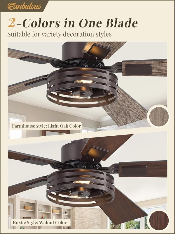 42 Inch Farmhouse Ceiling Fan with Lights 2 Pack, Rustic Bronze Ceiling Fans with Remote, 5 Dual Finish Blades, Quiet 6 Speed Reversible DC Motor, Caged Industrial Fan for Bedroom, Living Room, Patio