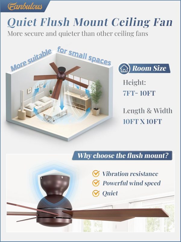 42 Inch Low Profile Ceiling Fan no Lights, Brown Farmhouse Ceiling Fan with Remote, 6-Speeds, Quiet Reversible DC Motor, Indoor/Outdoor Ceiling Fans with Remote for Bedroom, Patio, Living Room