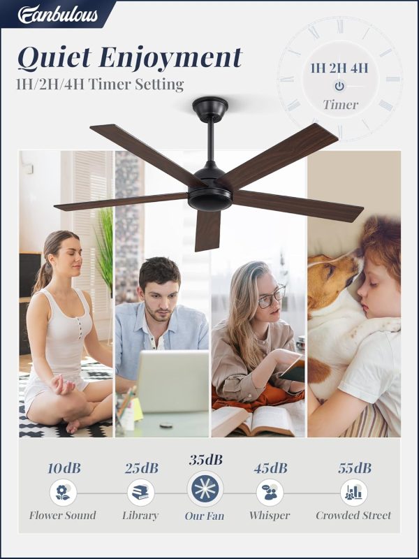 52 Inch Ceiling Fans No Light with Remote, Black Indoor/Outdoor Ceiling Fan Without Light with Quiet Reversible DC Motor, 6 Speeds, 5 Blades Modern Ceiling Fan for Living Room Bedroom Patio