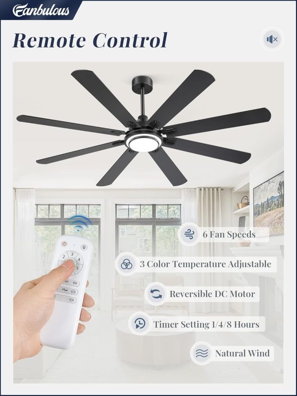 72 Inch Ceiling Fans with Lights and Remote, Black Ceiling Fan with 8 Dual-Color Blades, Indoor/Outdoor Large Ceiling Fans, Reversible DC Motor, 6-Speed, 3CCT for Living Room Kitchen Patio