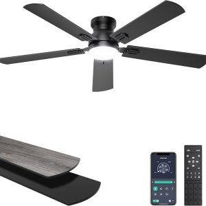 Ceiling Fans with Lights, 52 Inch Low Profile Ceiling Fan with Light and Remote/APP Control, Flush Mount, Dimmable, Qiuet DC Motor, Black Ceiling Fan for Bedroom, Living Room
