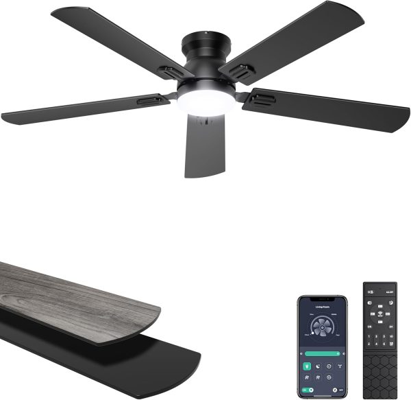 Ceiling Fans with Lights, 52 Inch Low Profile Ceiling Fan with Light and Remote/APP Control, Flush Mount, Dimmable, Qiuet DC Motor, Black Ceiling Fan for Bedroom, Living Room