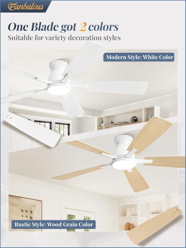 52 inch Ceiling Fans with Lights, Smart Flush Mount Ceiling Fan and Remote APP, Modern Low Profile, 3CCT 20W LED with 6-Speeds Quiet Reversible Motor for Bedroom, Living Room, Kitchen, White