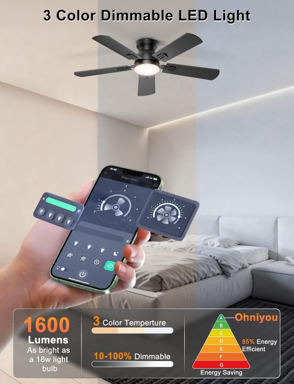 Ceiling Fans with Lights, 42 Inch Low Profile Ceiling Fan with Light and Remote/APP Control, Flush Mount, Dimmable, Qiuet DC Motor, Black Small Indoor Ceiling Fan for Bedroom, Kitchen