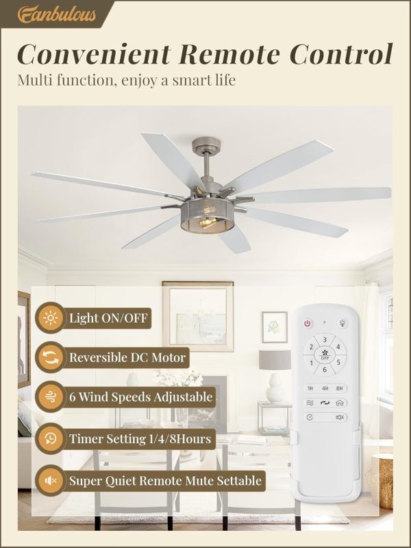 Farmhouse Ceiling Fans with Lights and Remote, 72 Inch Brushed Nickel Industrial Caged Ceiling Fans for Bedroom Living Room Kitchen, 6 Speed Reversible Quiet DC Motor, Dual Finish 8 Blades