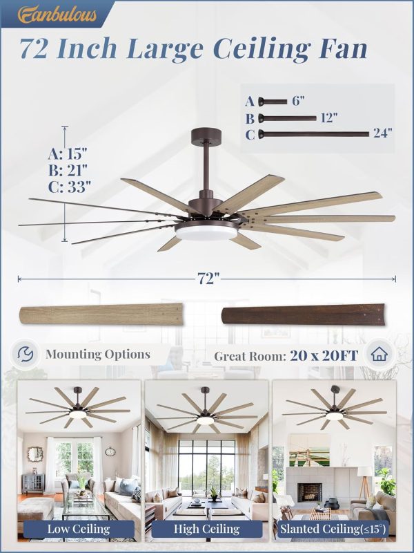 72 inch Large Oil Rubbed Bronze Ceiling Fans with Lights and Remote, Indoor/Outdoor Farmhouse Ceiling Fan with 10 Blades, 32W LED light 3 CCT, 6 Speed Reversible Quiet DC Motor, Dual Finish Blades