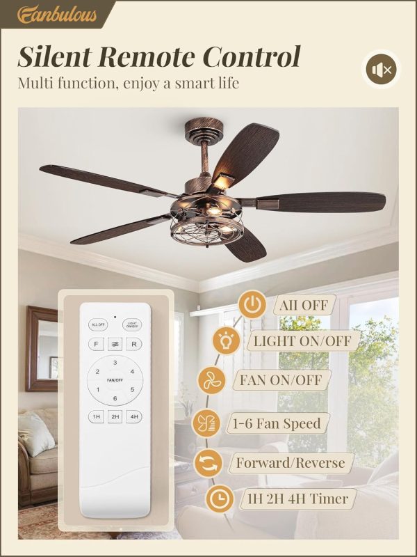 52 Inch Farmhouse Ceiling Fan with Light and Remote, Black and Gold Industrial Caged Ceiling Fans with 6 Speed Reversible Motor and Dual Finish 5 Blades, Rustic Ceiling Fan for Living Room, Bedroom