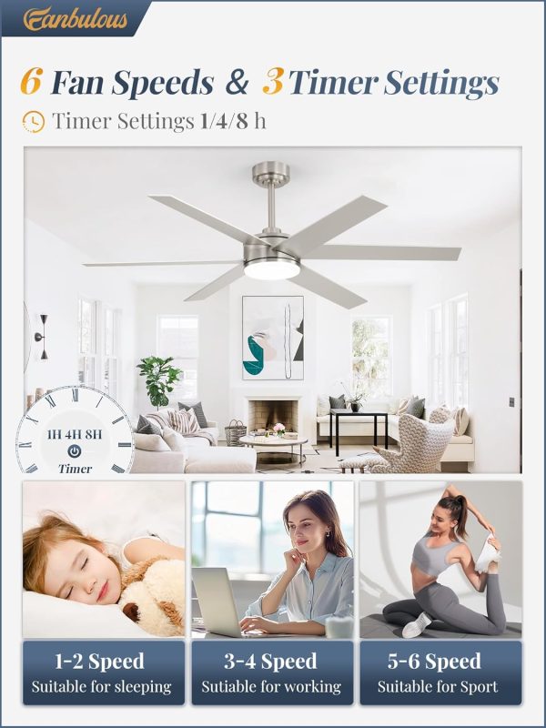 56 Inch Ceiling Fans with Lights and Remote, Reversible 6 Blades, Dimmable, 3000K-6000K Adjustable, Outdoor Ceiling Fans for Patios, Large Ceiling Fan for Indoor or Covered Outdoor, Nickel