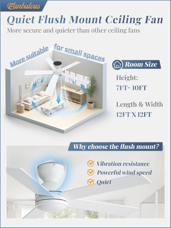 48 Inch Flush Mount Ceiling Fan without lights, White Ceiling Fan with Remote, 6-Speeds, Quiet Reversible DC Motor, Indoor/Outdoor Ceiling Fans for Living Room, Bedroom, Patio