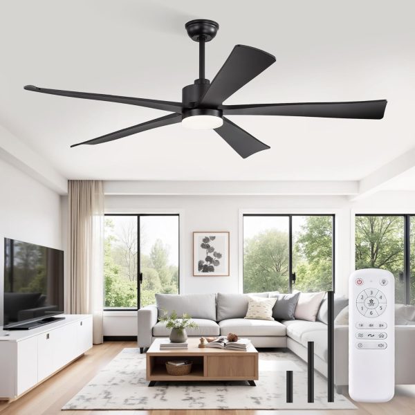 60 Inch Ceiling Fans with Lights and Remote, Black Modern Plug in Ceiling Fan with 6 Speeds,Bright LED Light,Reversible Quiet DC Motor for Bedroom,Living Room