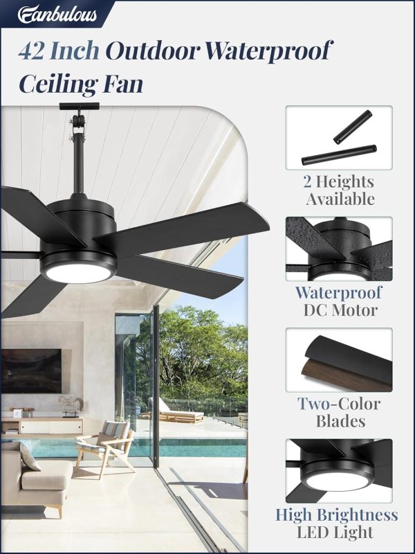 42 In Outdoor Ceiling Fan Hanging Fan Outdoor Ceiling Fans, Waterproof, with Light, Remote, 42 In, Wet Rated, IP65, 6 Speed, 3CCT, Plug in, for Patios, Porch, Gazebo, Black