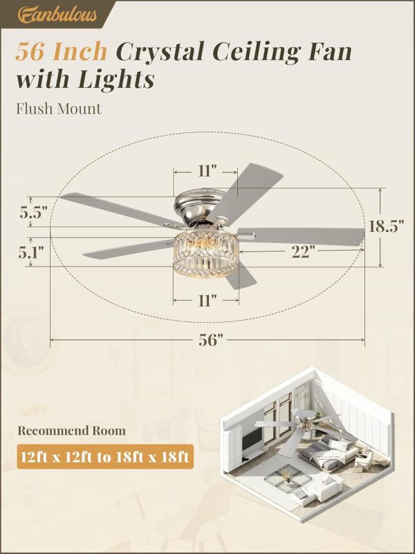 56 Inch Fandaliers Ceiling Fan with Remote Control, Brushed Nickel Modern Ceiling Fan with Light, 6-Speeds, Quiet Reversible DC Motor, Ceiling Fans Chandeliers for Bedroom, Living Room