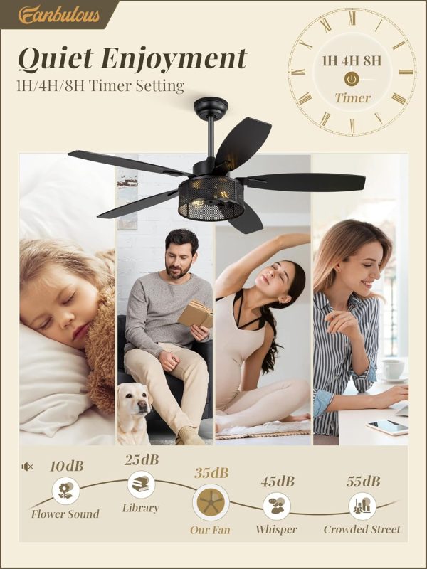 52 Inch Farmhouse Ceiling Fan with Light and Remote, Black Industrial Caged Ceiling Fans Flush Mount, 5 Dual Finish Blades, 6-Speed Reversible Quiet DC Motor, Rustic Design for Bedroom, Living Room