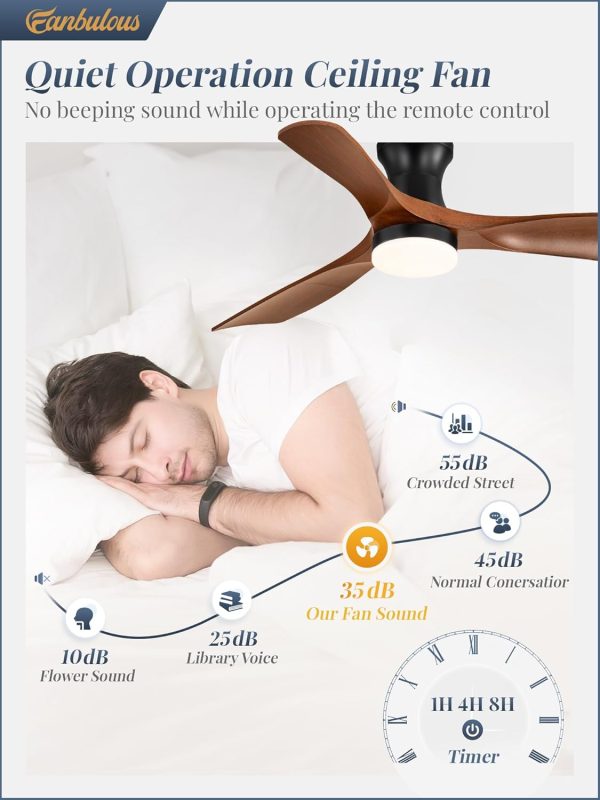 52 Inch Ceiling Fans with Lights and Remote, 3 Blades Flush Mount Low Profile Ceiling fan, Efficient 3475 CFM, Safe ABS, Timer, Quiet 35dB, 3CCT, Reversible for Bedroom Living Room, Walnut