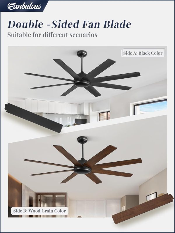 62 Inch Large Ceiling Fan no Light, Ceiling Fan Black with Remote, 6-Speeds, Quiet Reversible DC Motor, 8 Blades, Indoor/Outdoor Modern Ceiling Fans for Living Room, Garage, Patio