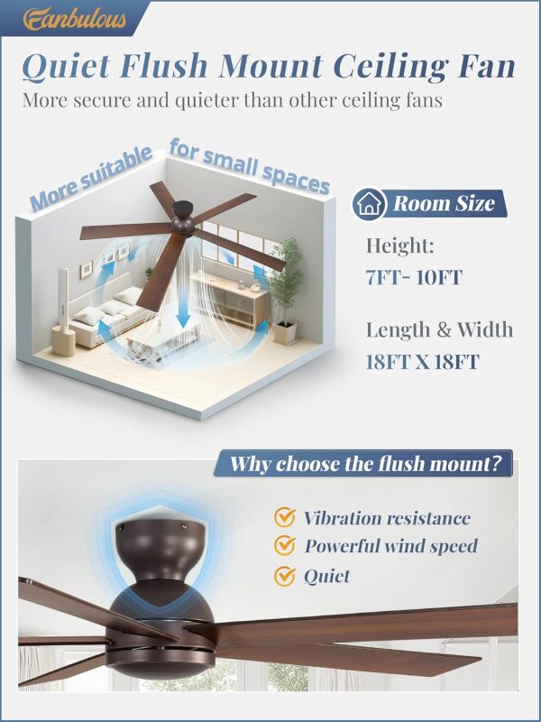 60 Inch Low Profile Ceiling Fan no Lights, Brown Farmhouse Ceiling Fan without Light, 6-Speeds, Quiet Reversible DC Motor, Indoor/Outdoor Ceiling Fans for Patio, Living Room, Bedroom