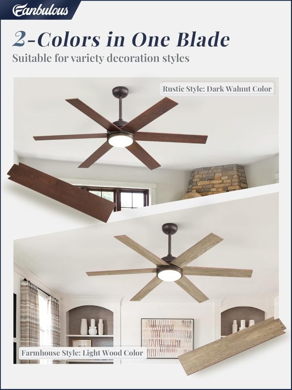 58 Inch Ceiling Fans with Lights and Remote, Walnut Indoor/Outdoor Ceiling Fan with Quiet Reversible DC Motor, 6 Speeds, 3CCT, 8 Blades Large Ceiling Fan for Living Room Bedroom Patio