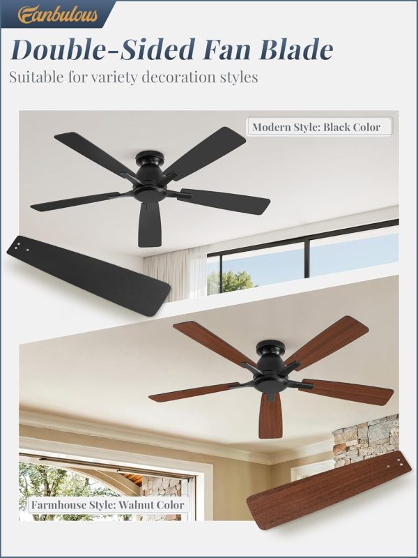 52 Inch Flush Mount Ceiling Fan No Light with Remote,Black Modern Low Profile Ceiling Fan Without Light,6-Speeds,Quiet Reversible DC Motor,Indoor&Outdoor Ceiling Fans for Bedroom,Living Room