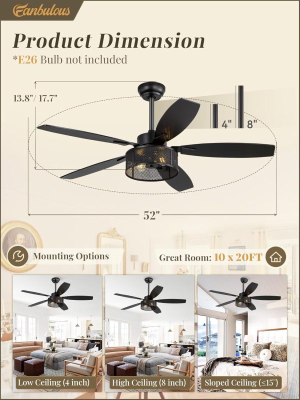 52 Inch Farmhouse Ceiling Fan with Light and Remote, Black Industrial Caged Ceiling Fans Flush Mount, 5 Dual Finish Blades, 6-Speed Reversible Quiet DC Motor, Rustic Design for Bedroom, Living Room