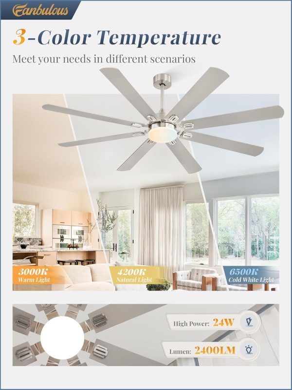 72 Inch Ceiling Fans with Lights,Nickel Modern Ceiling Fan with Remote,Large Farmhouse Indoor & Outdoor Ceiling Fan with 8 Dual Finish Blades, Quiet DC Motor, Bright LED Light