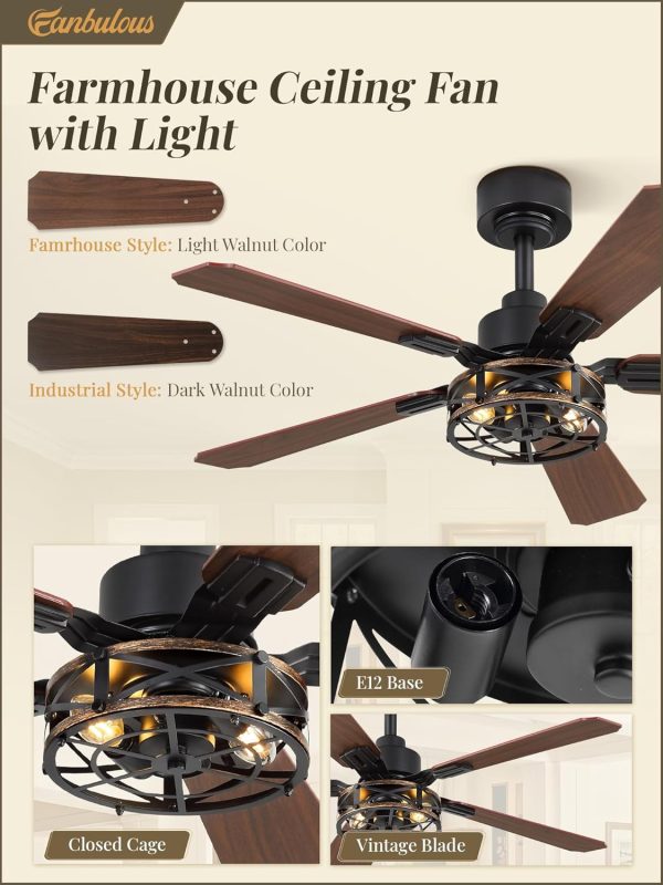 3 Pack 42 Inch Rustic Caged Ceiling Fan with Lights, Black Farmhouse Ceiling Fans for Bedroom Living Room, Double-Sided 5 Blades Rustic Ceiling Fan