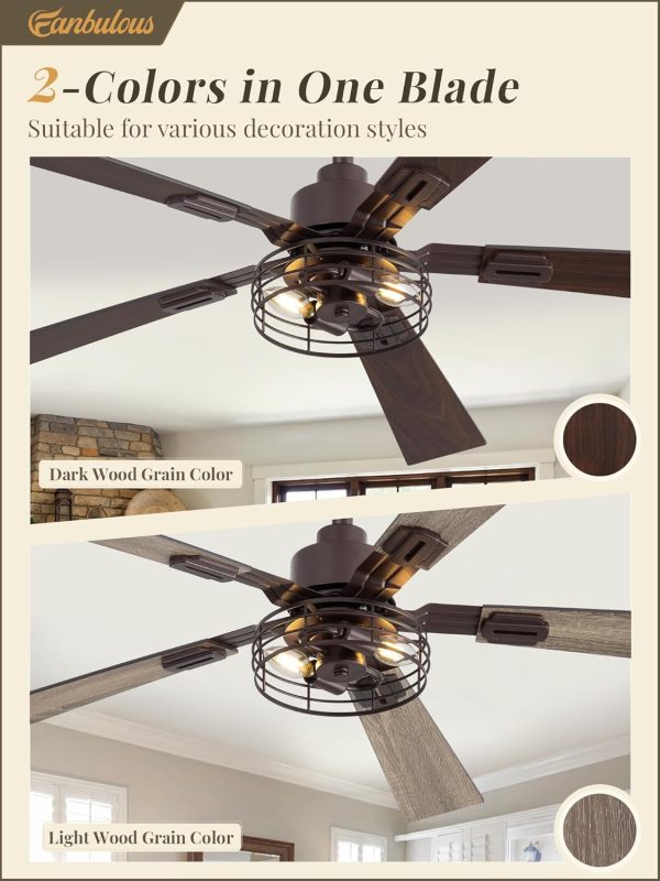 2 Pack Farmhouse 48 Inch Ceiling Fans with Lights, Industrial Caged Ceiling Fans for Bedroom Living Room, Double-Sided 5 Blades Rustic Ceiling Fan-Oil Bronze
