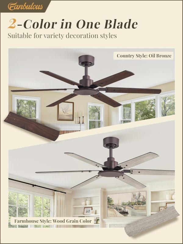 Ceiling Fan No Light, 48 Inch Indoor/Outdoor 6 Blades Ceiling Fan with Remote, 6-Speeds, Quiet Reversible DC Motor, Fans Without Light for Tilted Ceiling/Bedroom/Living Room/Patios