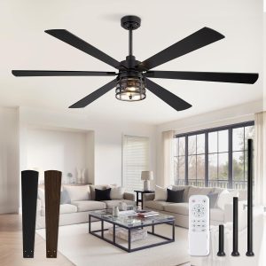 Farmhouse Ceiling Fans with Lights and Remote,Industrial Large Ceiling Fan with 6-Speed Reversible DC Motor and 6 Dual Finish Blades,Black Ceiling Fan with Light for Living bedroom Patio