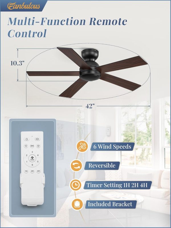42 Inch Flush Mount Ceiling Fans without Lights, Small Black Ceiling Fan with Remote, 6-Speeds, Quiet Reversible DC Motor, Indoor/Outdoor Ceiling Fan for Patio, Living Room, Bedroom