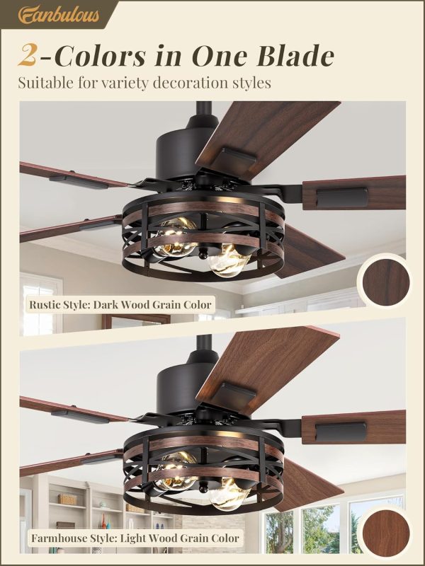 Farmhouse Ceiling Fans with Light, 42 Inch Bedroom Ceiling Fan with Lights, 6-Speed Adjustable, Quiet and Reversible DC Motor, Dual Finish 5 Blades, Rustic Caged Ceiling Fan for Living Room