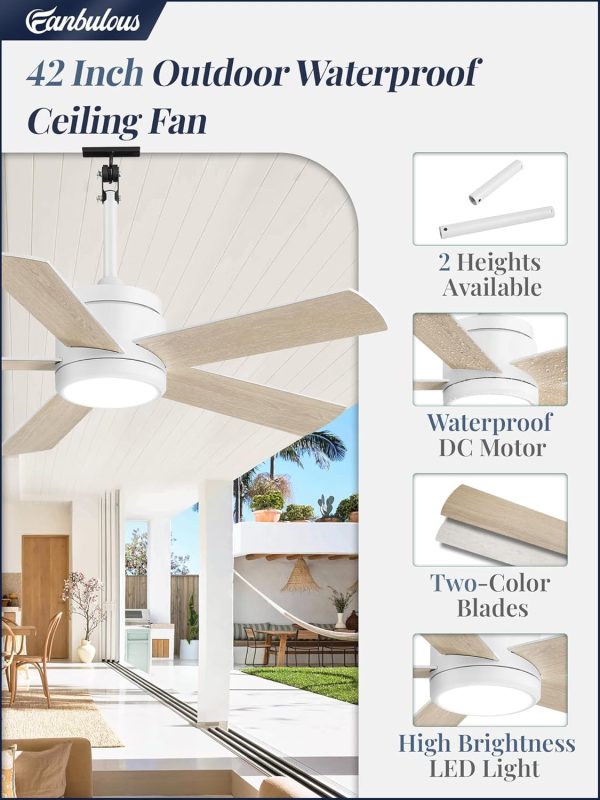 42 In Outdoor Ceiling Fan Hanging Fan Ceiling Fans with Light, Remote, Outdoor Plug in, IP65 Waterproof, Wet Rated, 6 Speed, 3CCT, for Patios, for Outside Porch, Gazebo,White