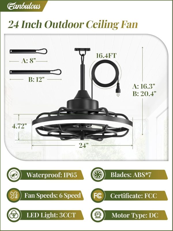 Outdoor Ceiling Fans with Light for Patios, 24" Weatherproof Plug in Ceiling Fan, Gazebo Fan Remote&APP Control, 3CCT Dimmable,Caged Ceiling Fan with Hanging Hook for Porch, Pergola,Canopy