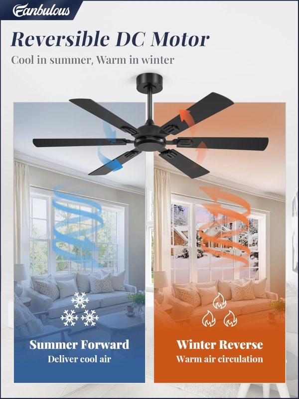 52 Inch Ceiling Fans No Light with Remote, Modern Ceiling Fan Without Light, Dual Finish 6 Blades, Reversible Quiet DC Motor, 6 Speed, Large Ceiling Fan for Indoor or Covered Outdoor, Black