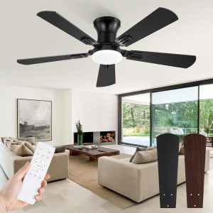 42 Inch Ceiling Fans with Lights and Remote, Low Profile Indoor Black Ceiling Fan with 6 Speeds & 3CCT, Flush Mount, Dual-Finish 5 Blades,Quiet DC Motor for Living Room Bedroom